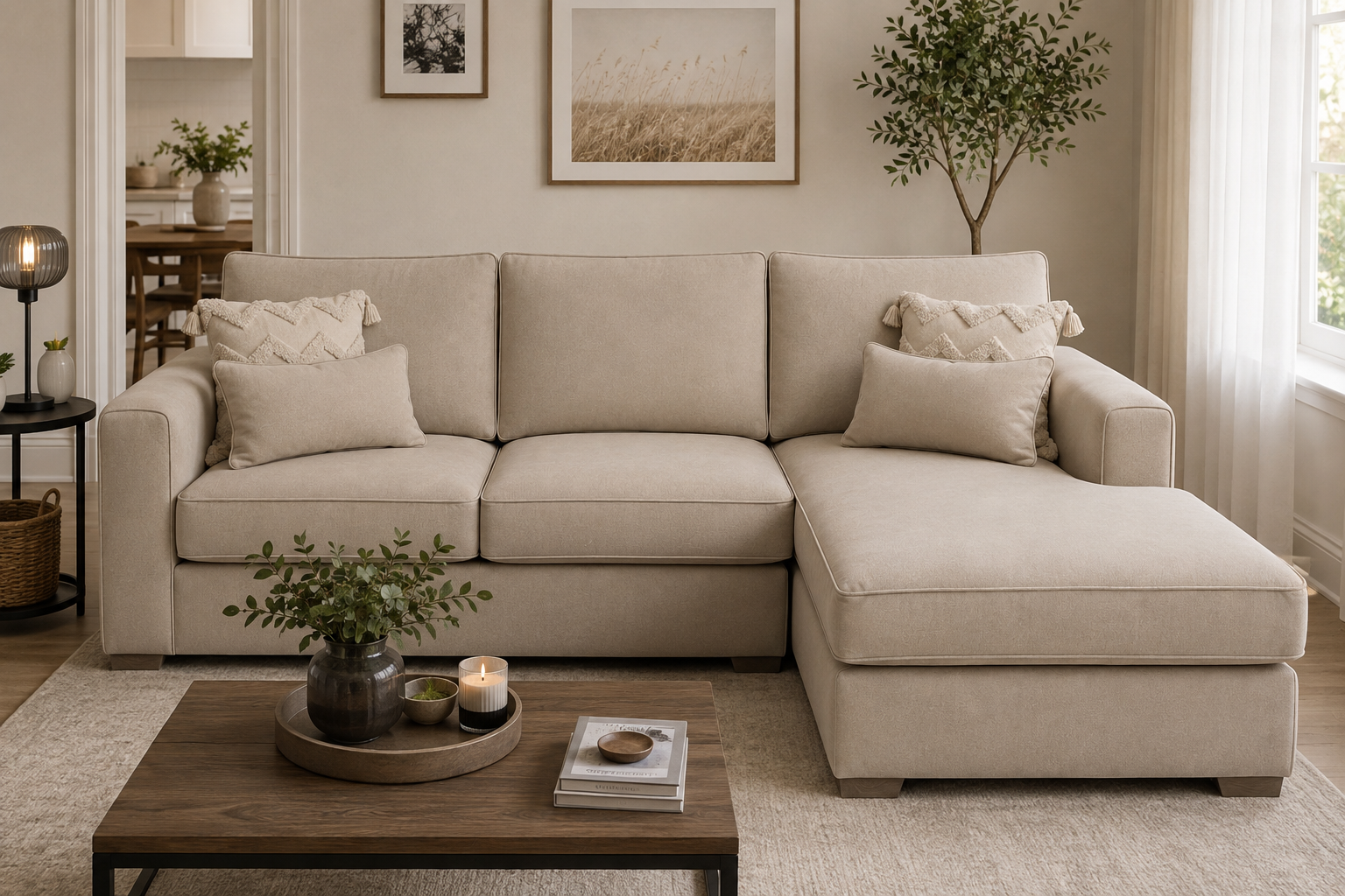Alan L-Shape Chaise sofa styled in a modern living room with warm accents